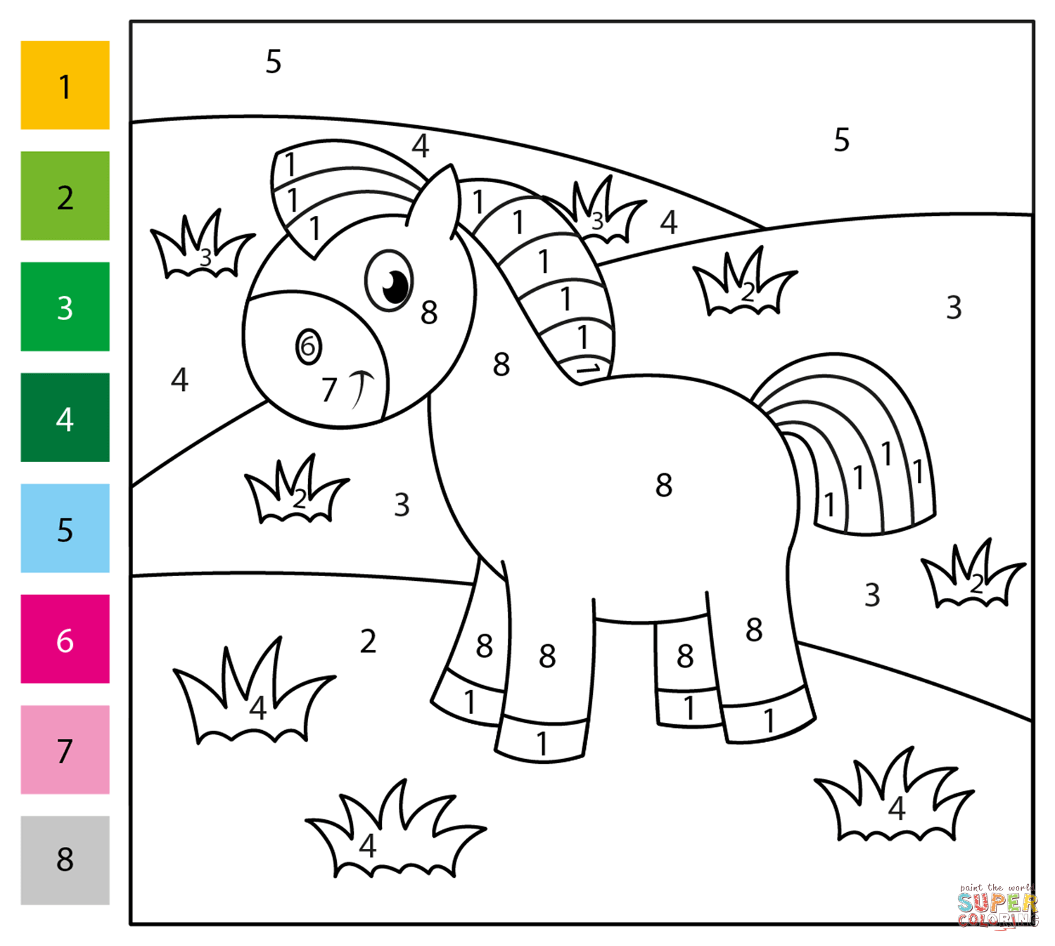 Pony color by number free printable coloring pages