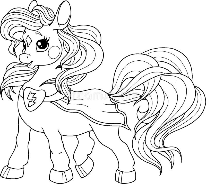 Cute pony character superhero vector pony for coloring book page for childrens creativity stock illustration