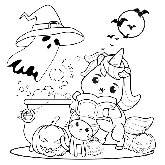 Premium vector halloween coloring book with cute unicorn