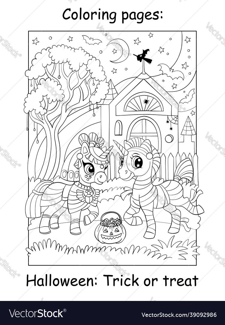 Coloring book page cute unicorns in mummy costumes