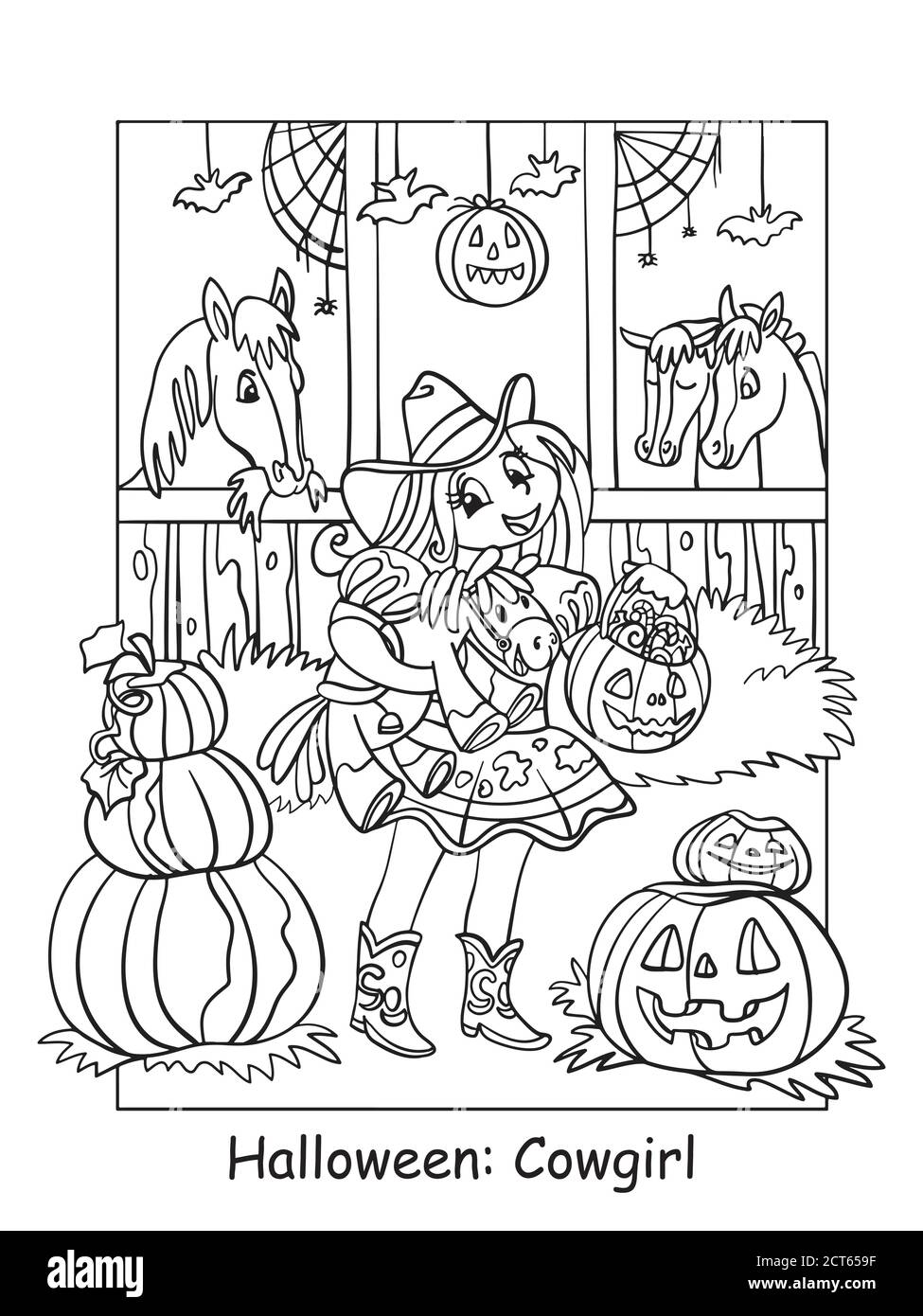 Vector coloring pages girl in costume of cowgirl in the stable halloween concept cartoon contour illustration isolated on white coloring book for c stock vector image art