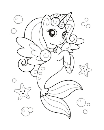 Premium vector unicorn mermaid coloring page illustration