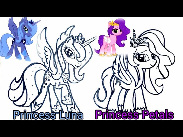 How to draw my little pony charactersprincess luna and princess pipp petals drawing drawingforkids