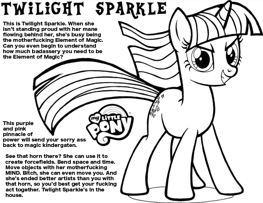 Twilight sparkles coloring book page lest you forget about her bitchin powers rmylittlepony