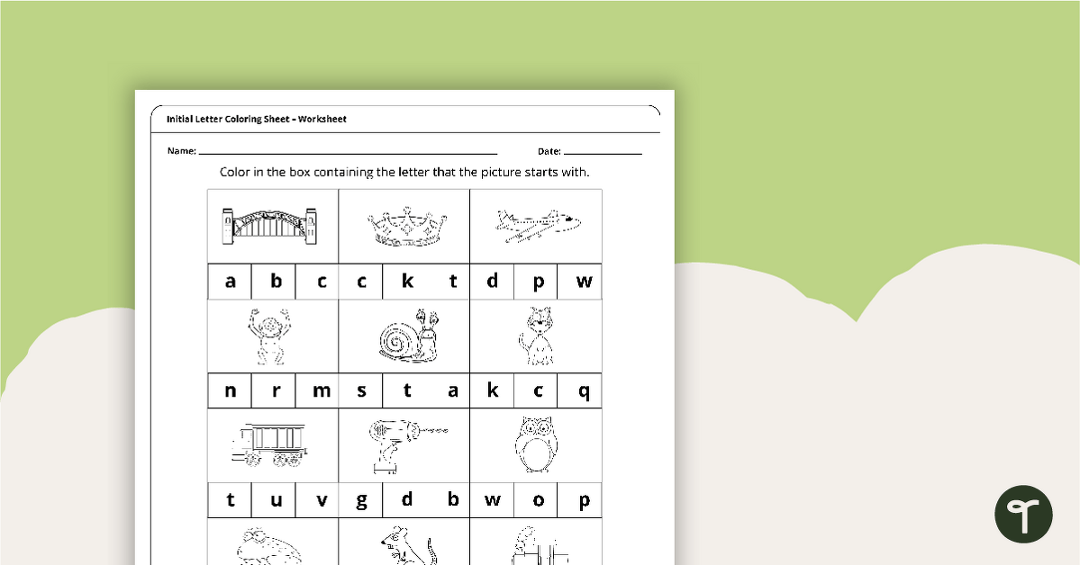 Initial letter coloring worksheet teach starter