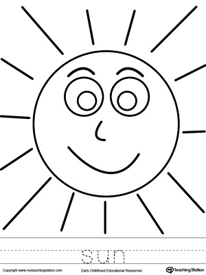Free sun coloring page and word tracing
