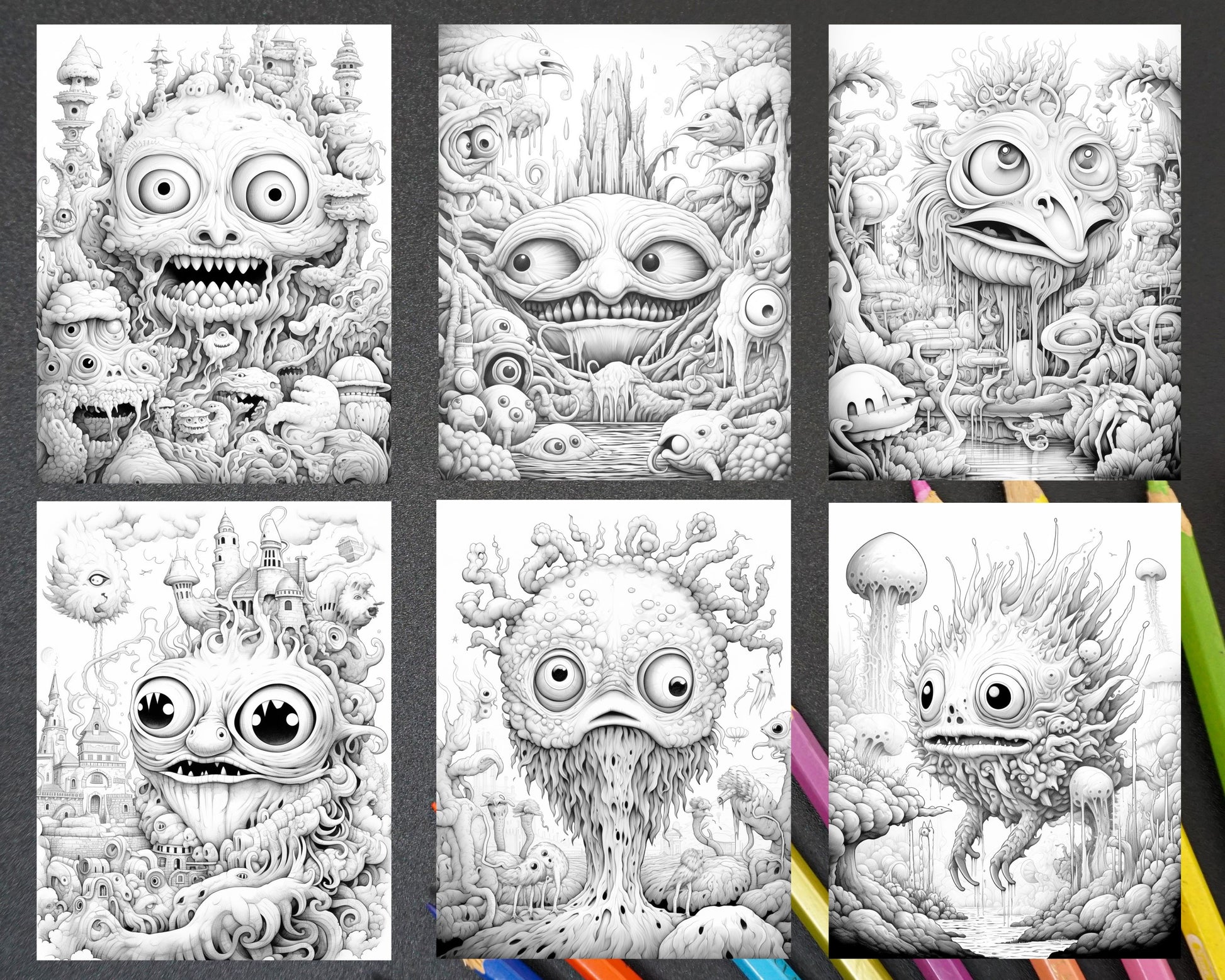 Surreal creatures grayscale coloring pages for adults printable pd â coloring