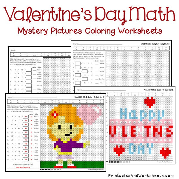 Valentines day addition mystery pictures coloring worksheets