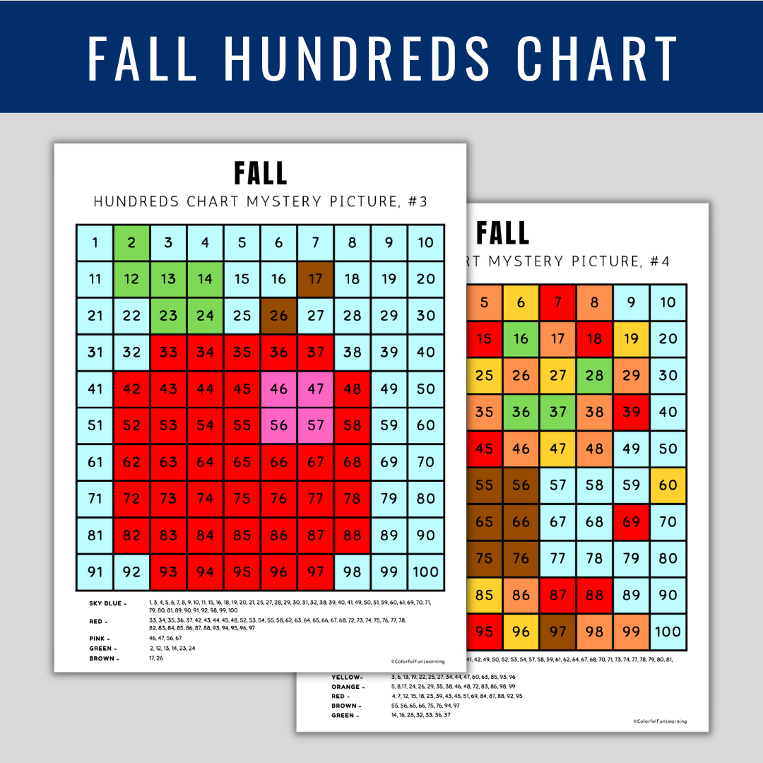 Fall coloring pages hundreds chart mystery picture color by number made by teachers