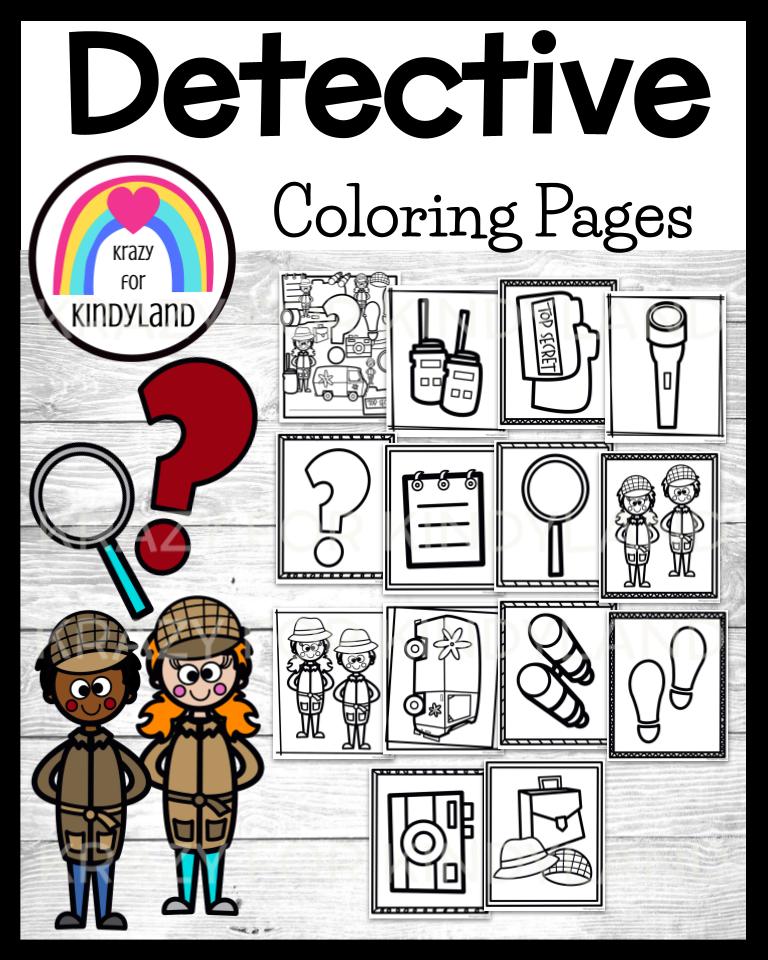 Detective mystery coloring pages booklet magnifying glass briefcase camera