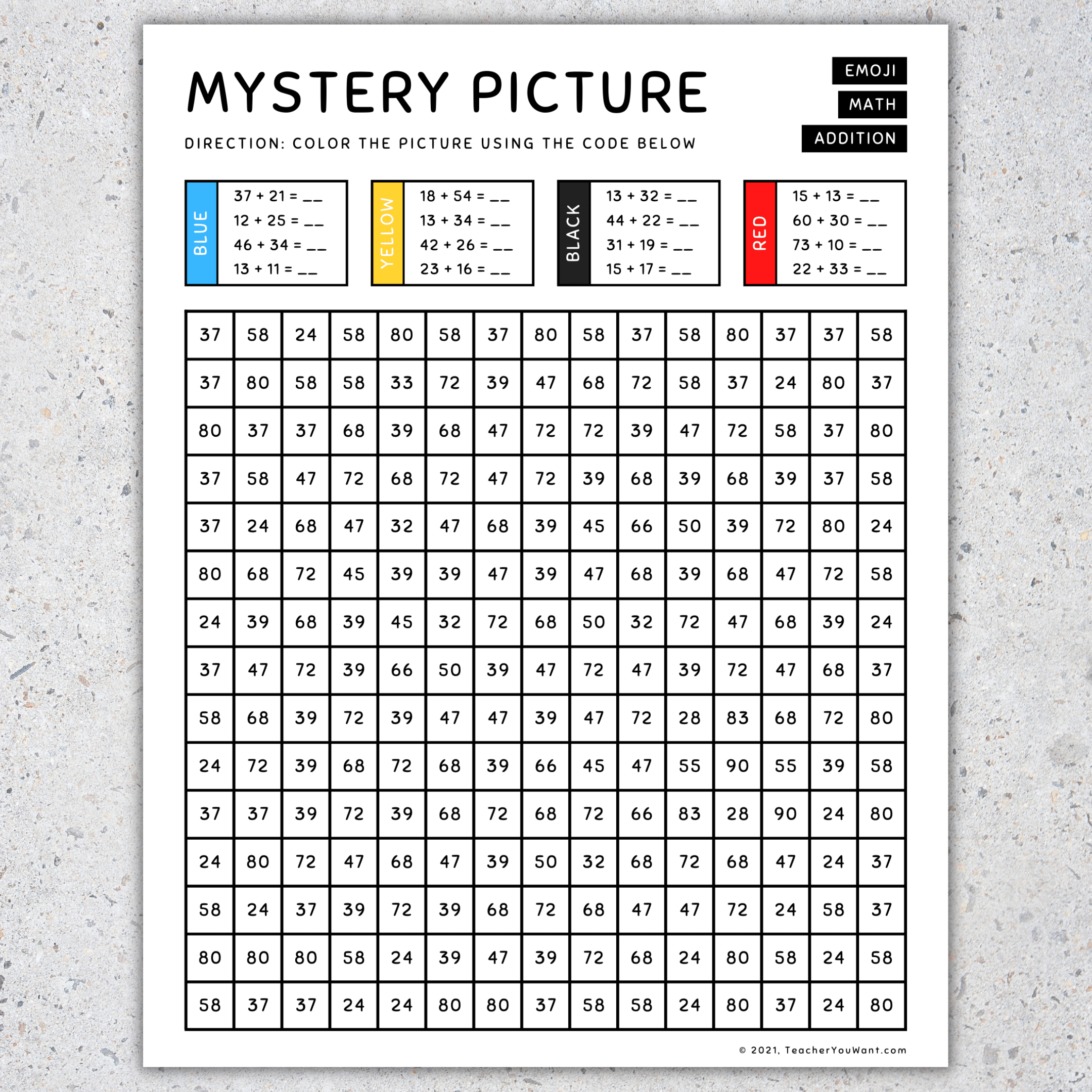 Emoji mystery picture color by number back to school math addition made by teachers