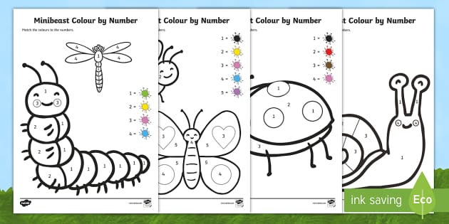 Kindergarten minibeasts color by number worksheets