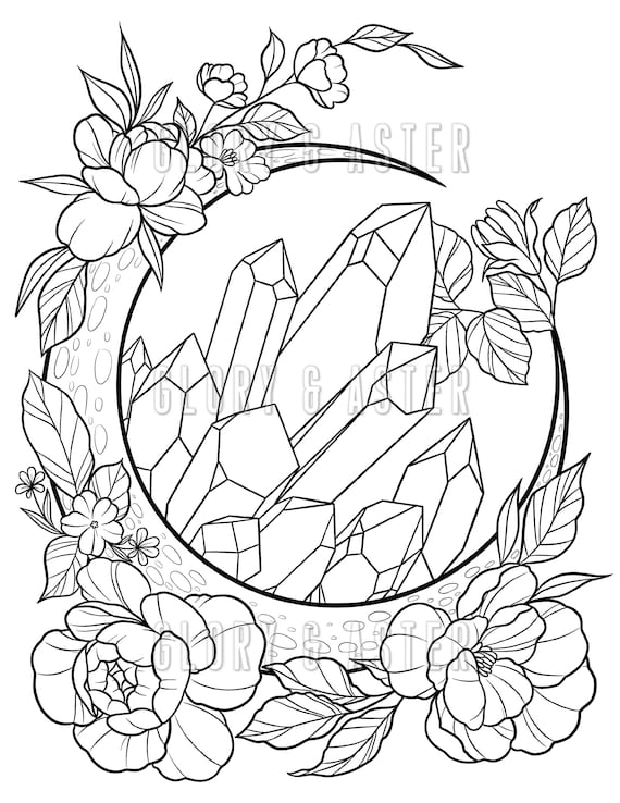 Mystical moon coloring page printable adult coloring page instant download pdf moon crystals floral celestial magic