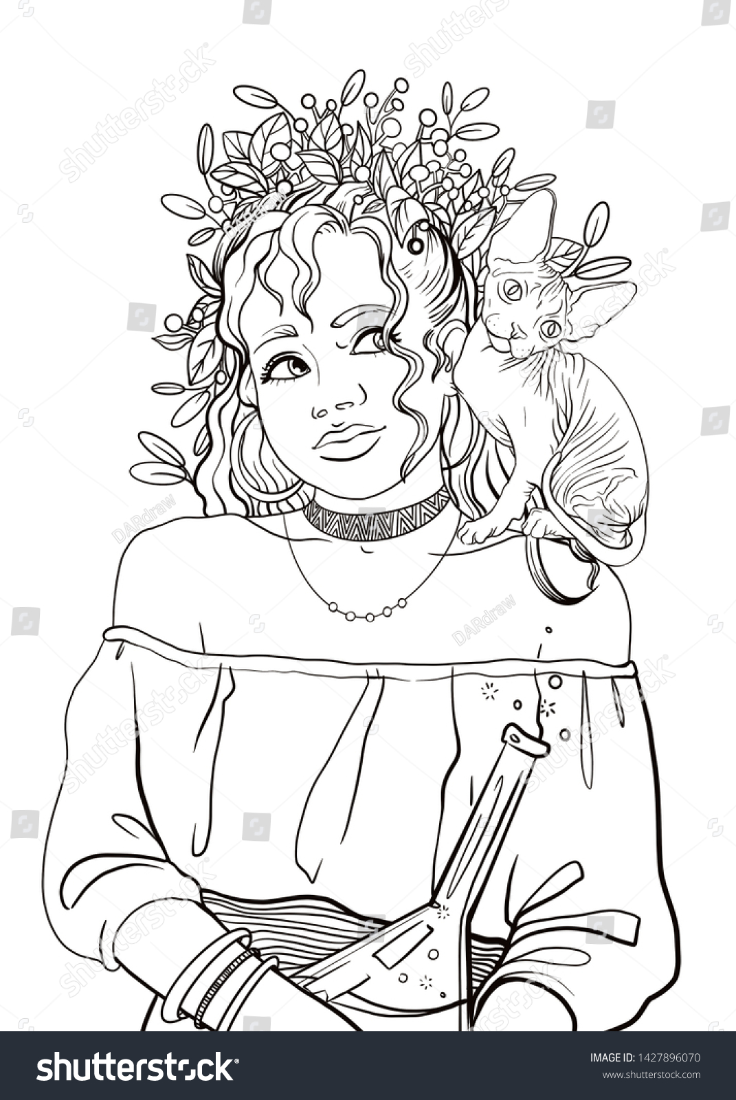 Witchy girl line art coloring pages stock illustration