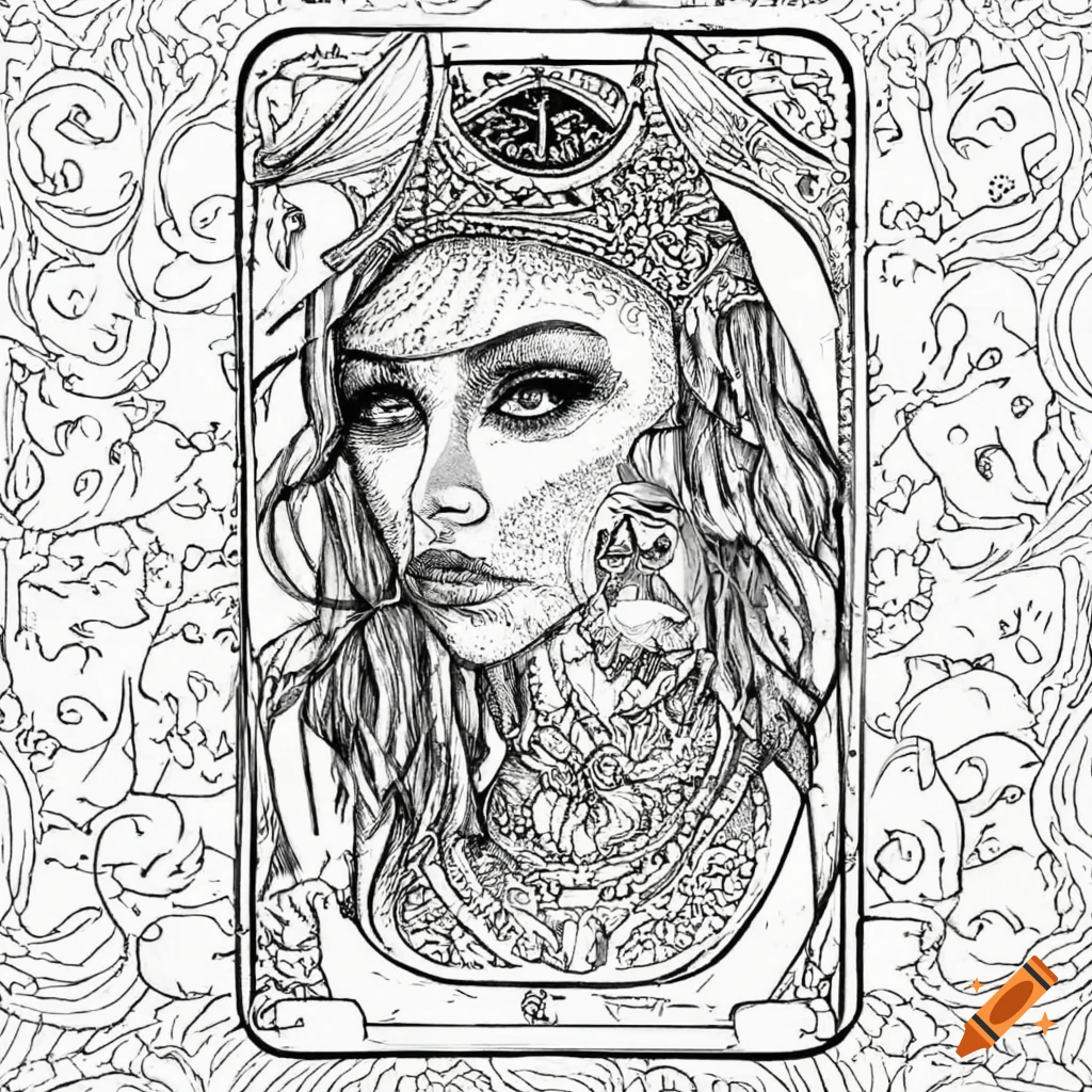 Black and white coloring page with mystical tarot cards on