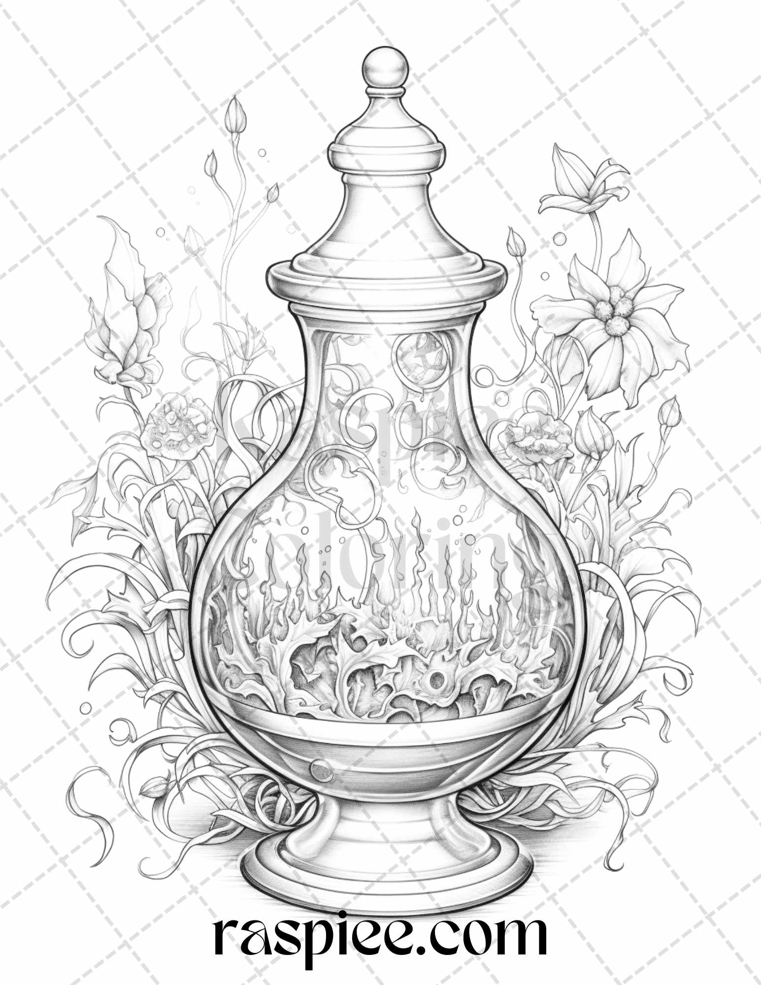 Mystical magic potions grayscale coloring pages printable for adult â coloring