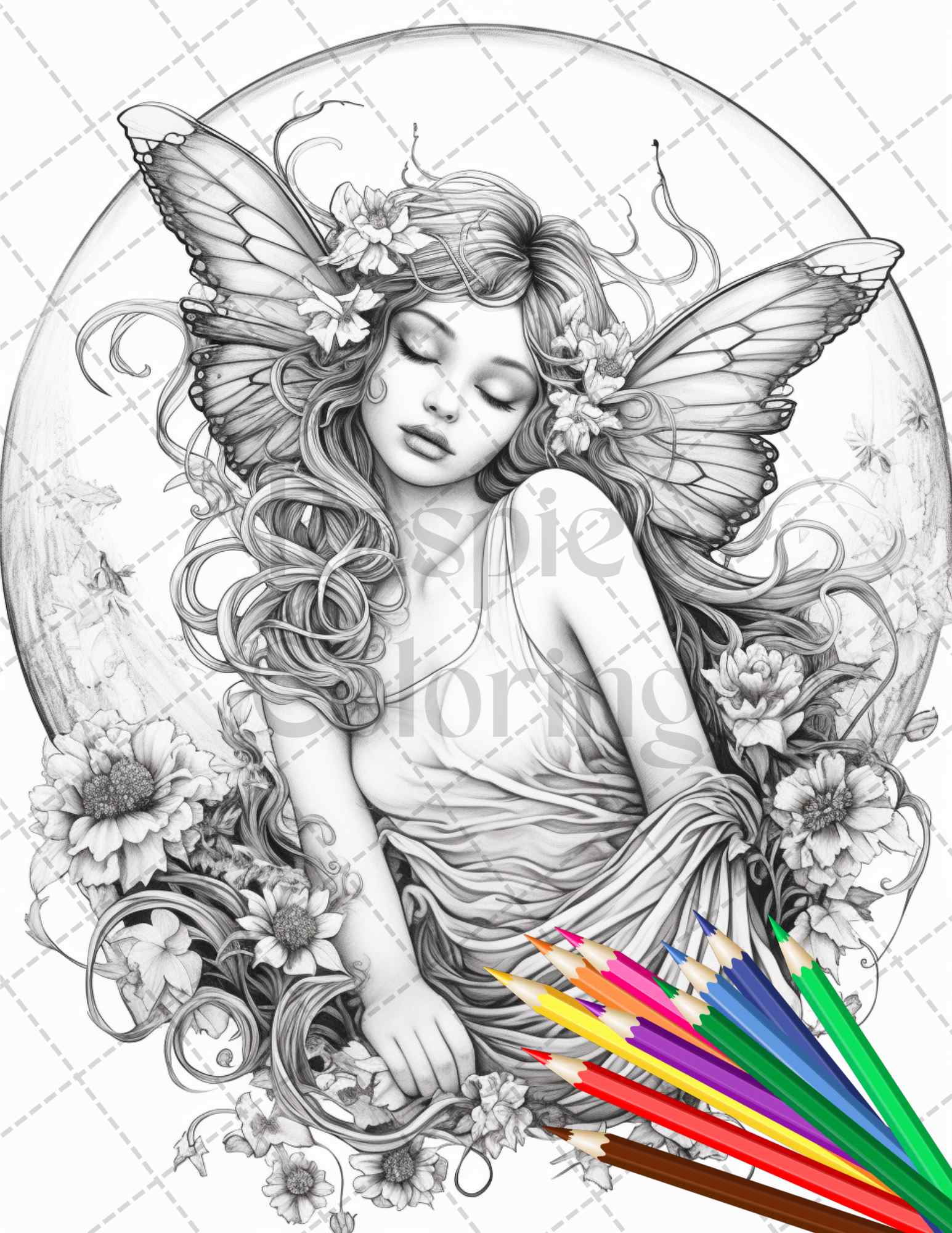 Beautiful moon fairies grayscale coloring pages printable for adult â coloring