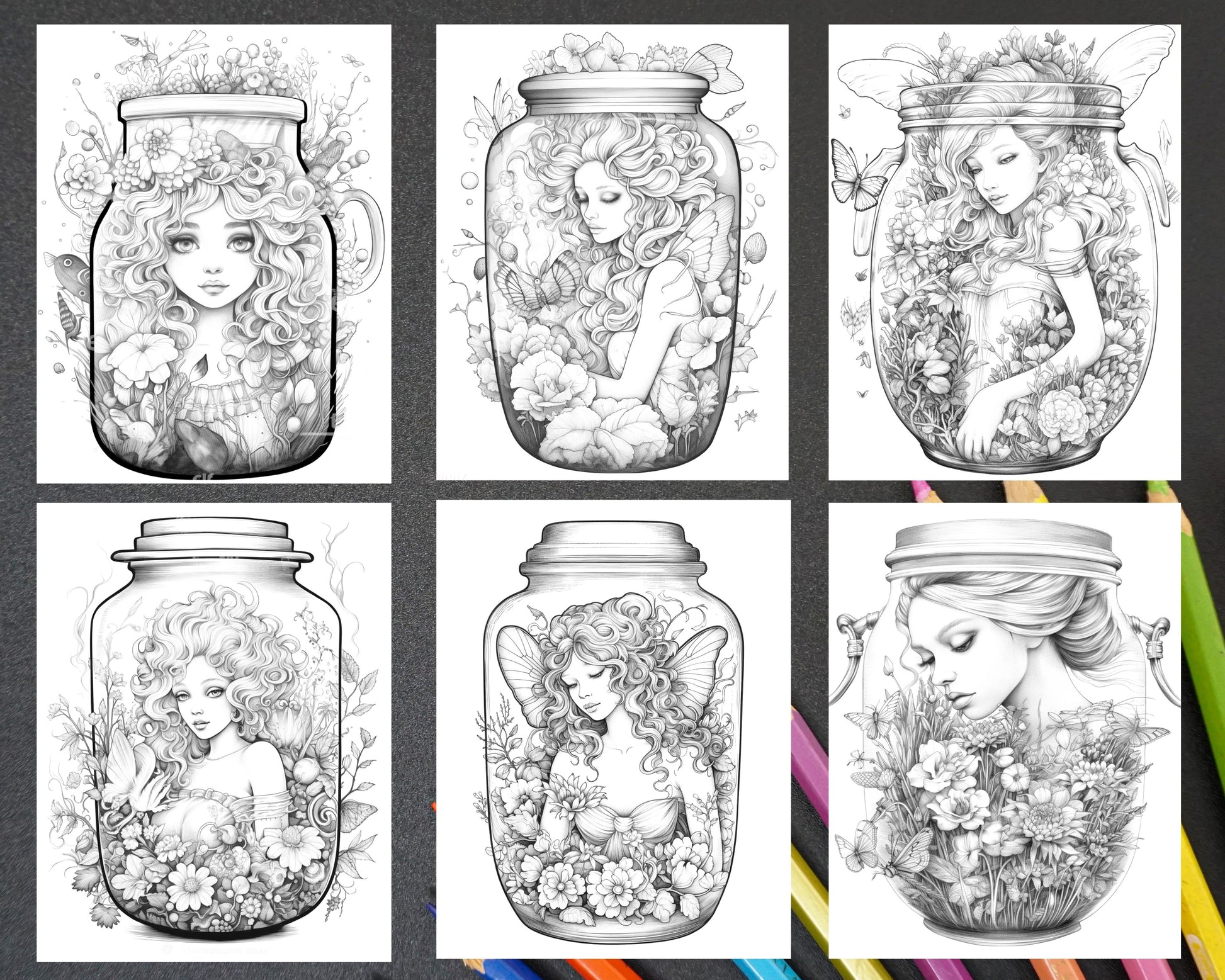 Beautiful fairies in jar grayscale coloring pages printable for adu â coloring