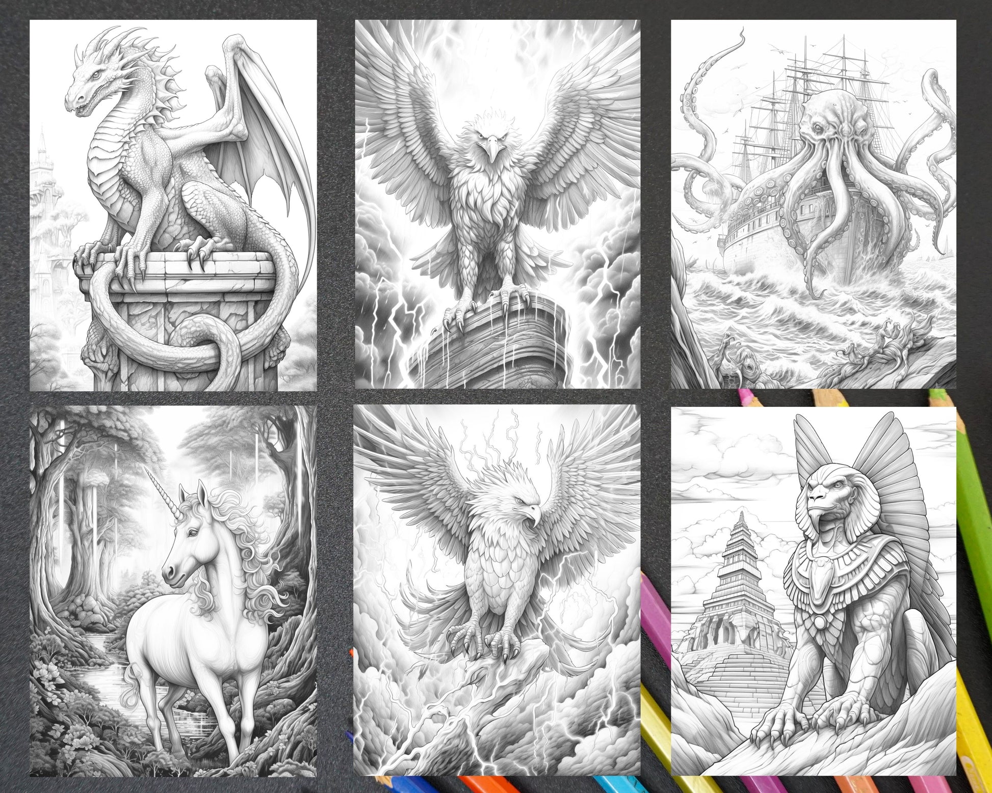 Mythical creatures grayscale coloring pages for adults printable p â coloring