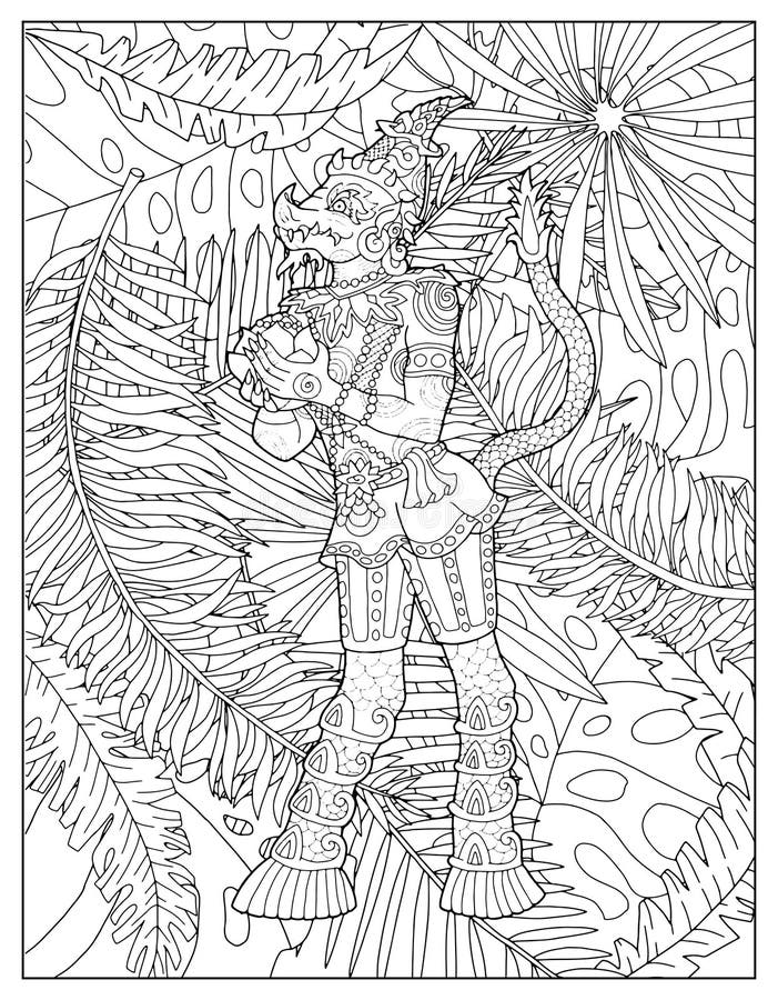 Black and white coloring page with ethnic thailand demons and mythology creature stock vector