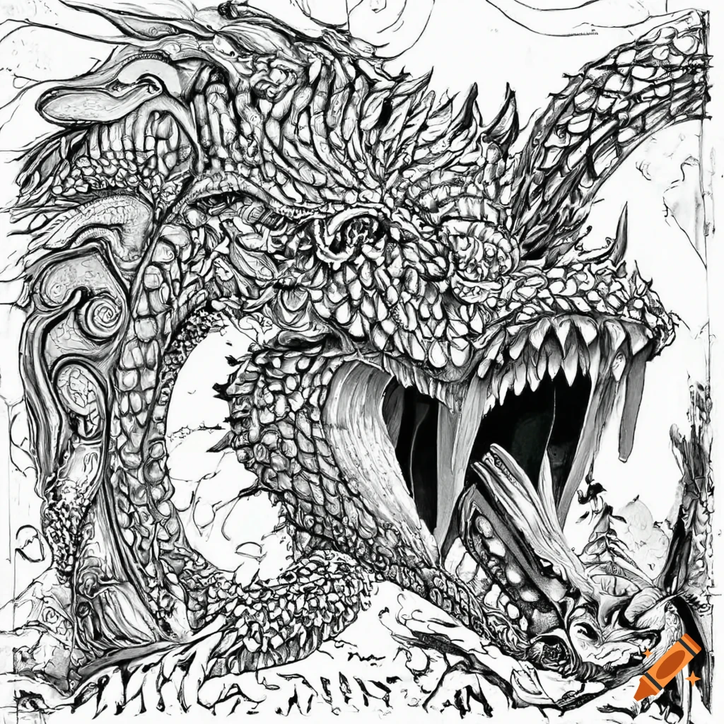 Coloring page for adults dragon white background style of giger on