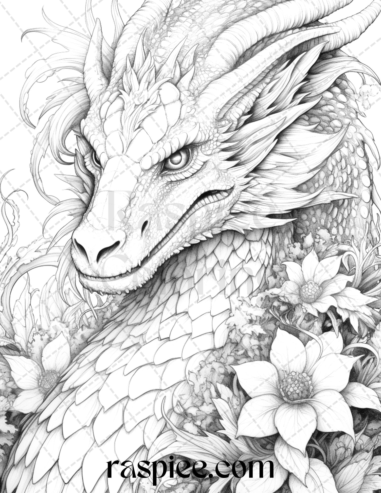 Flower dragon grayscale coloring pages printable for adults pdf fi â coloring