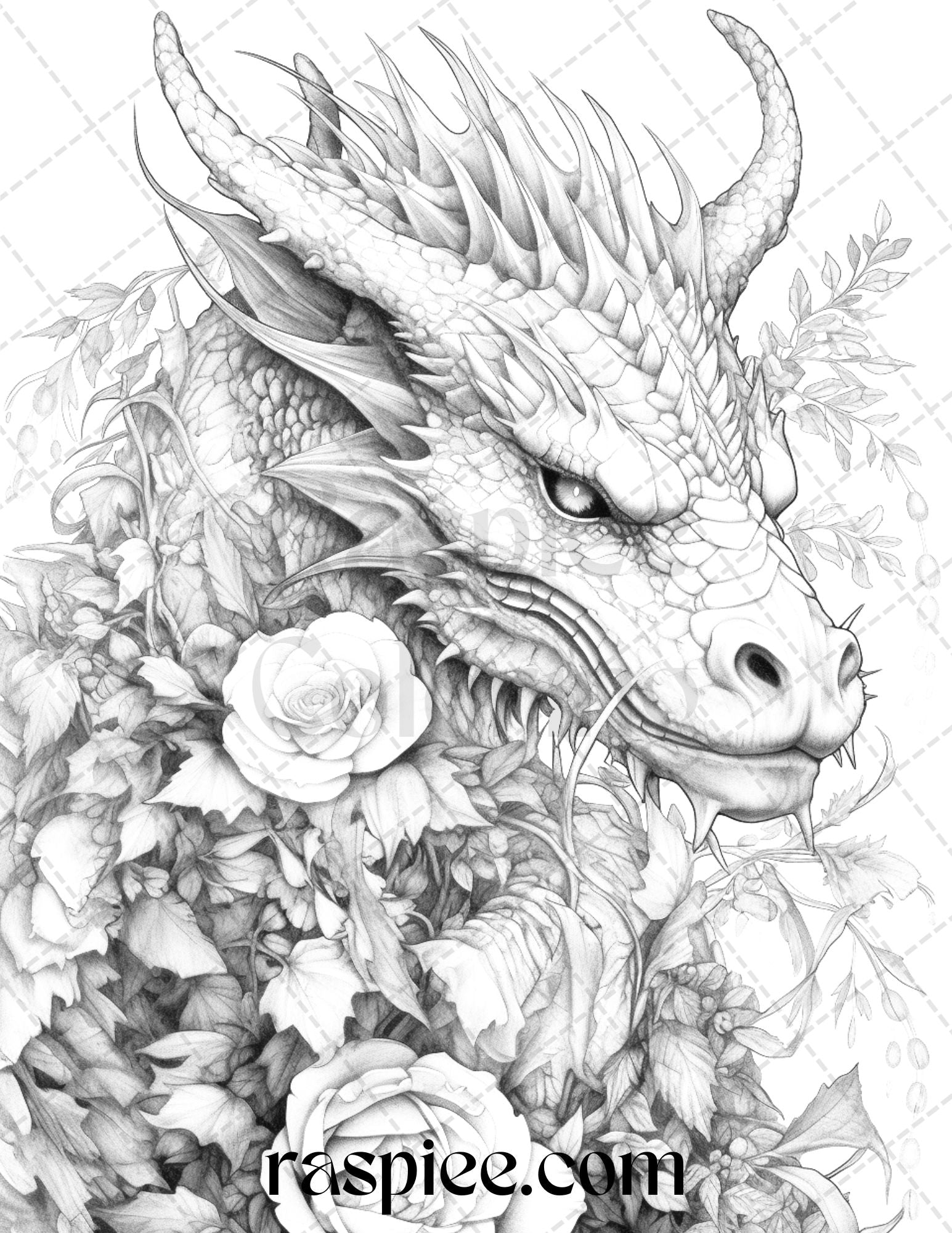 Flower dragon grayscale coloring pages printable for adults pdf fi â coloring