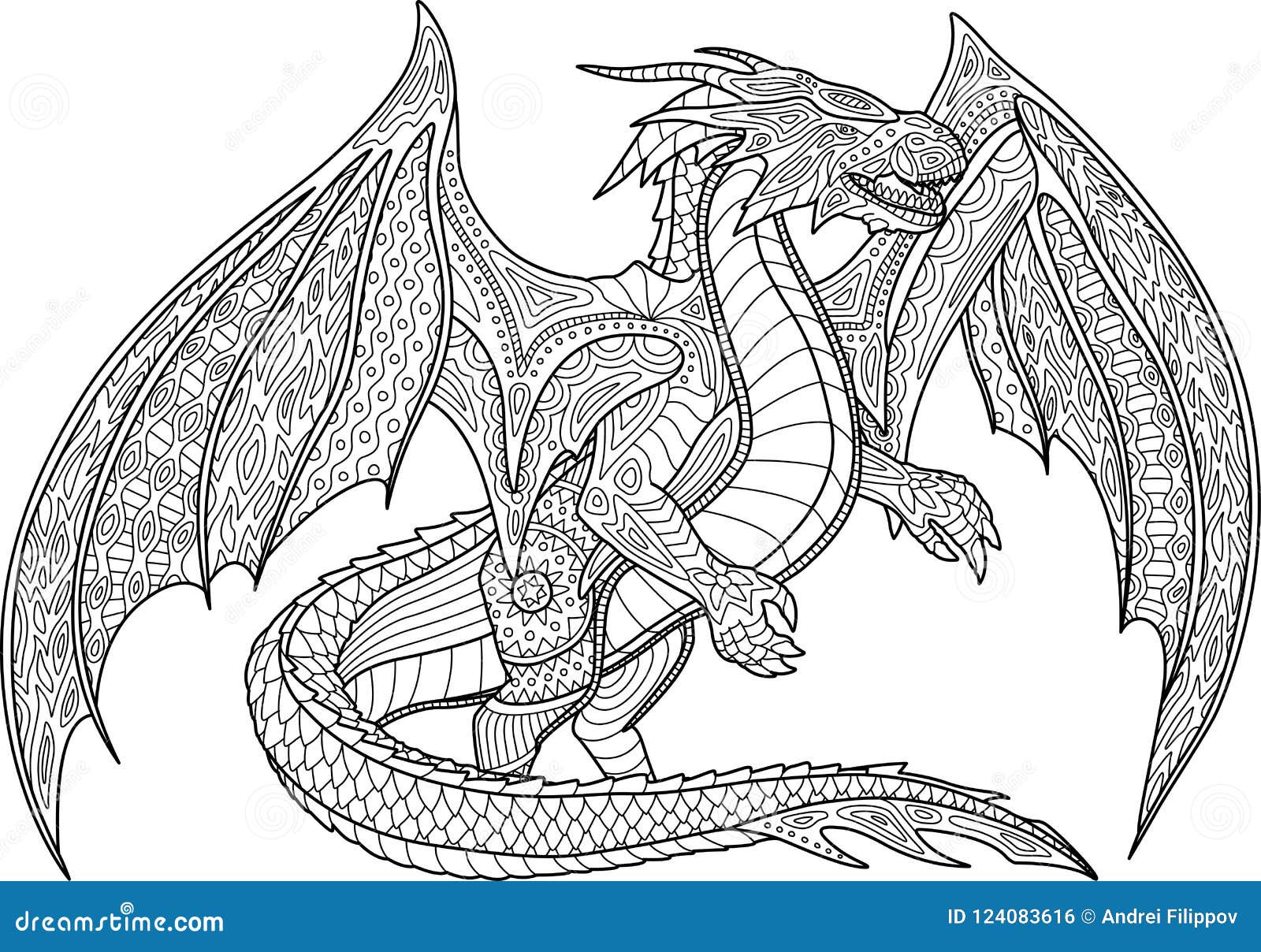 Coloring book page with dragon on white background stock vector