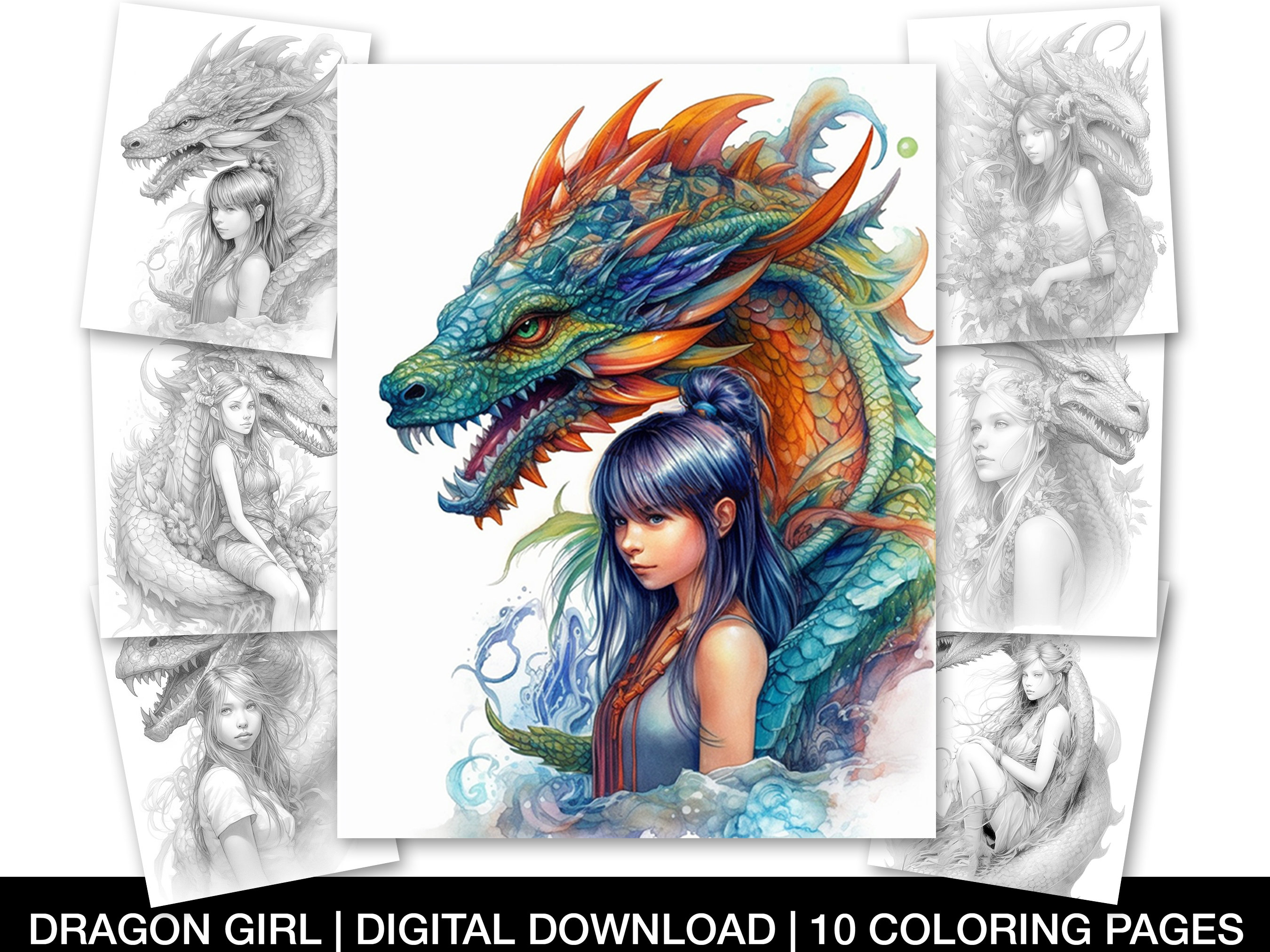 Enchanted dragon girls coloring page for adults printable dragon girls sheet majestic dragon girls grayscale coloring instant download