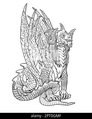 Dragon coloring page fantasy illustration with mythical creature dragon drawing coloring sheet stock photo