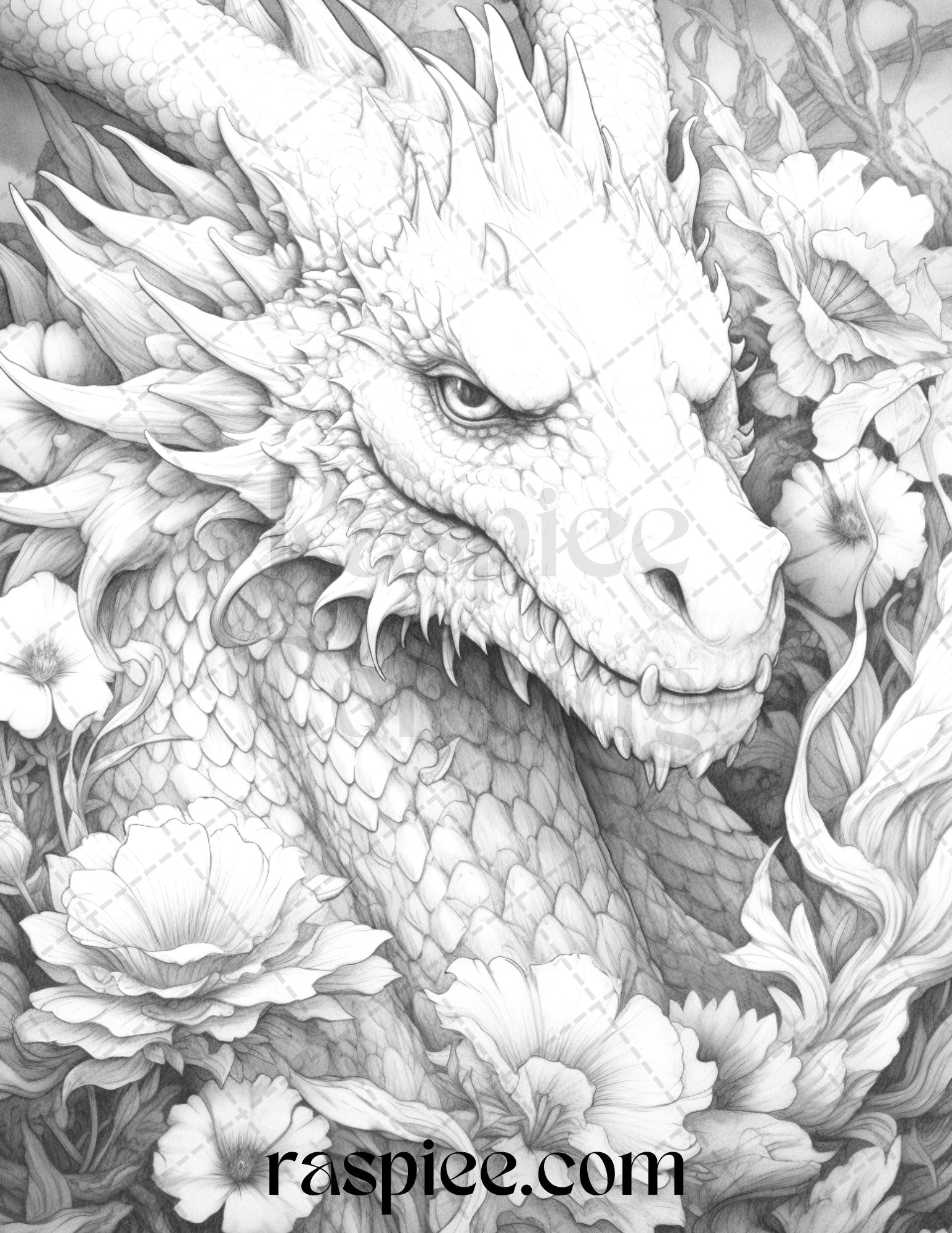 Flower dragon grayscale coloring pages printable for adults pdf fi â coloring