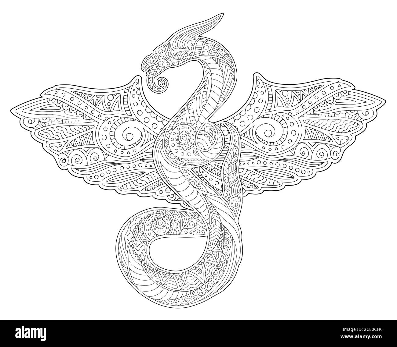 Beautiful adult coloring book art with stylized mythical snake and wings on white background stock vector image art