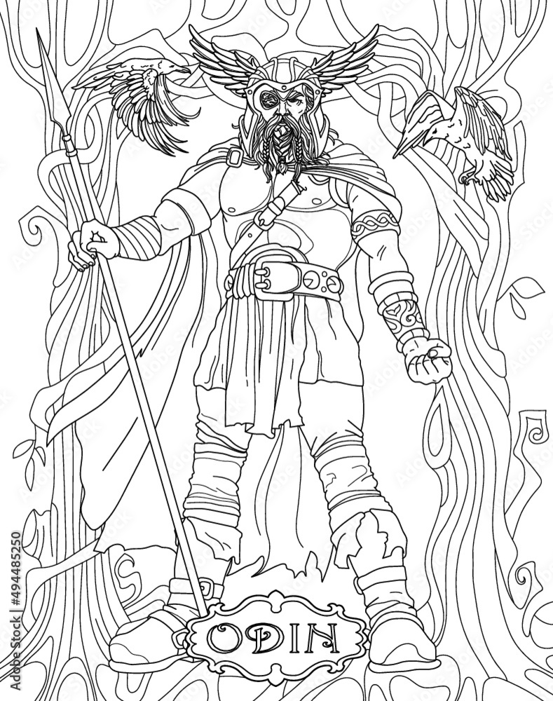 Odin coloring book for adults scandinavian mythology black and white illustration vector