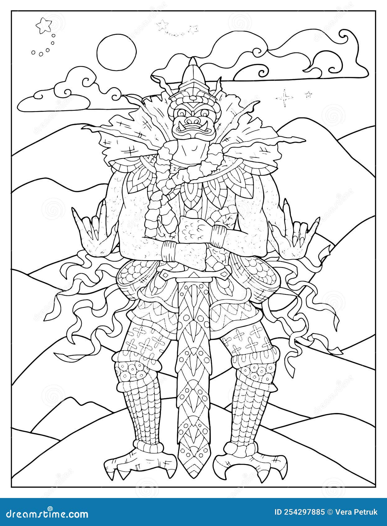 Black and white coloring page with ethnic thailand demons and mythology creature stock vector