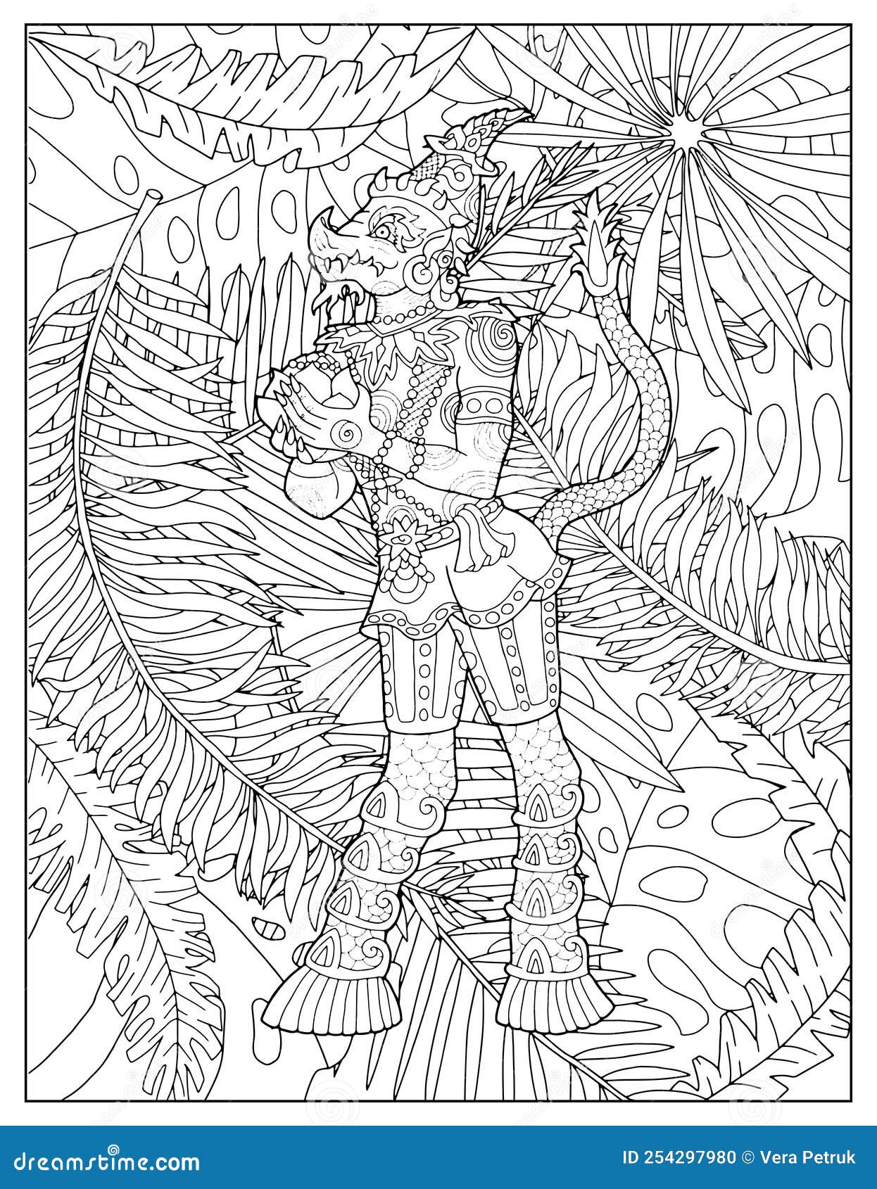 Black and white coloring page with ethnic thailand demons and mythology creature stock vector