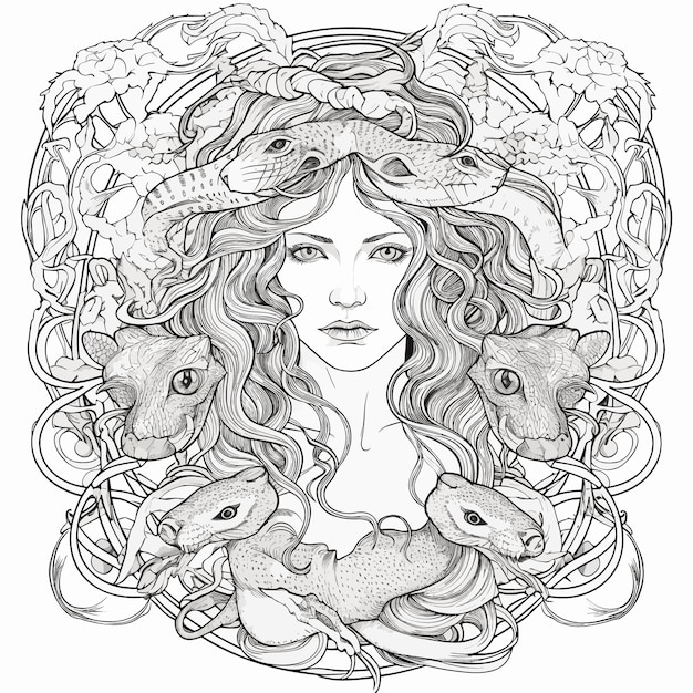 Premium vector sketch hand drawn single line art coloring page line drawing medusa day