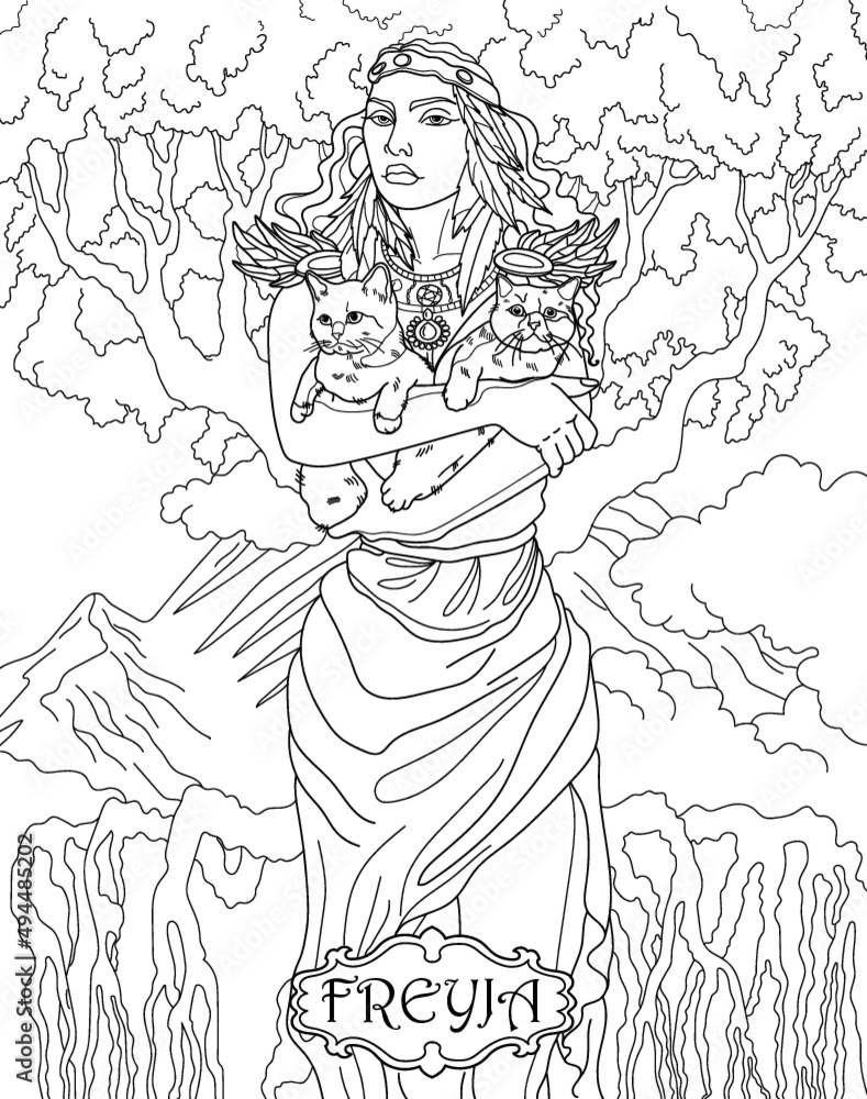 Freyia coloring book for adults scandinavian mythology black and white illustration vector