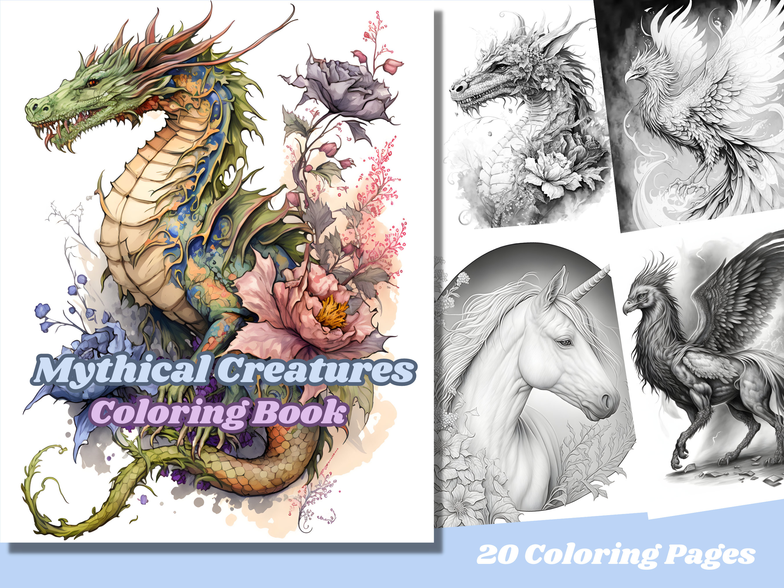 Mythical creatures coloring page book adults kids instant download grayscale coloring page printable pdf dragon coloring instant download