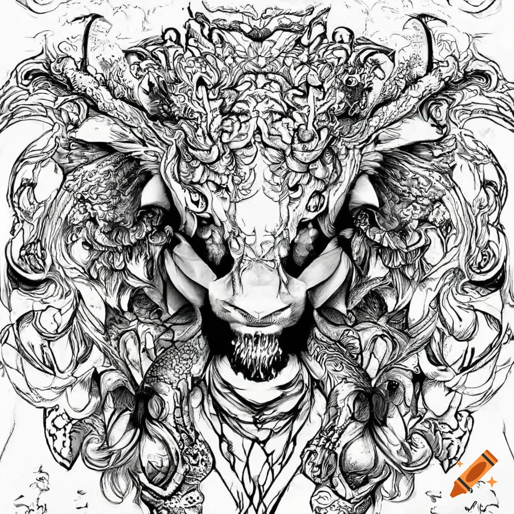 A detailed black and white coloring page of mythical creatures on