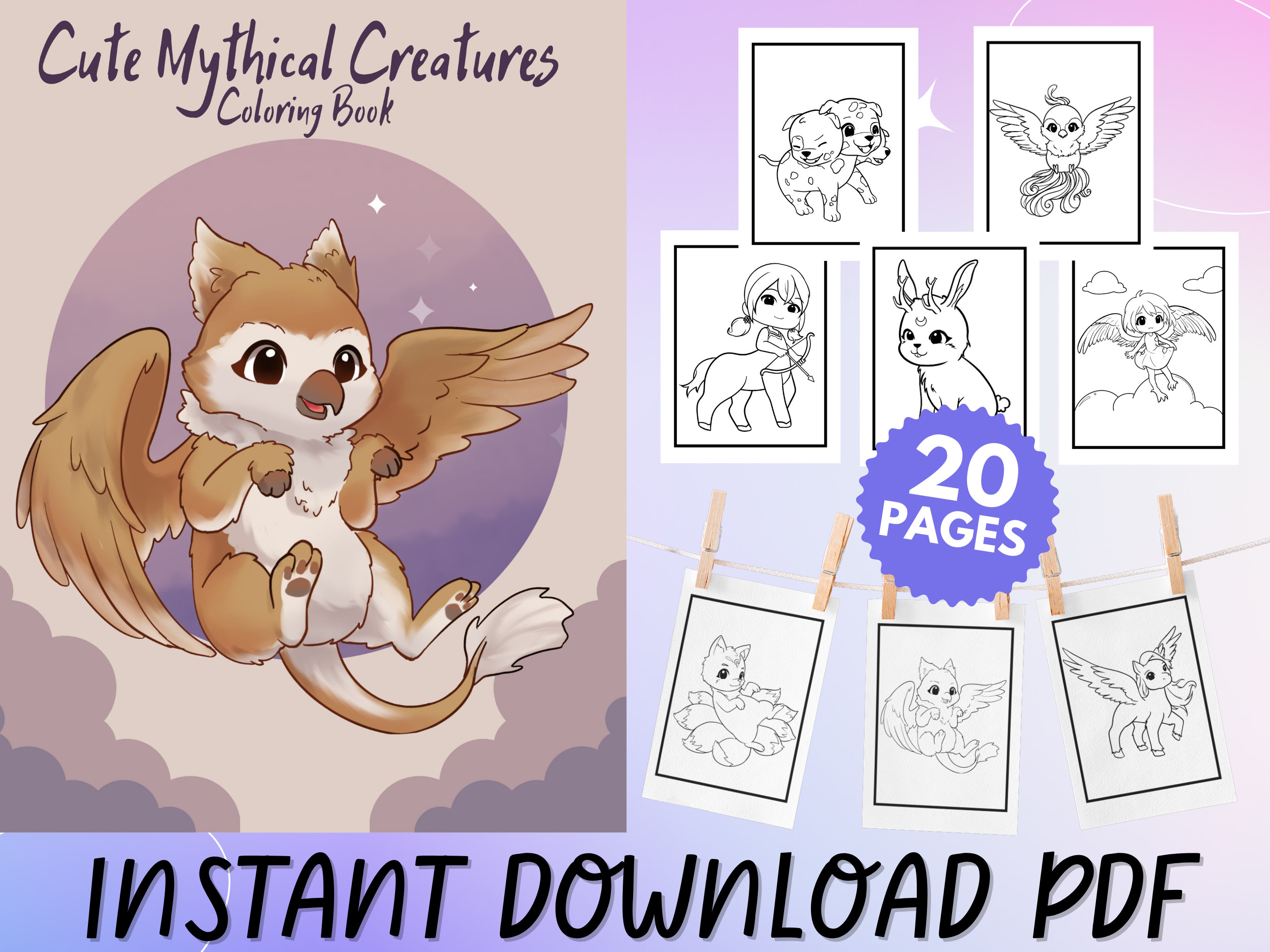 Cute mythical creatures coloring book fantasy animals and beast coloring pages printable pdf digital download