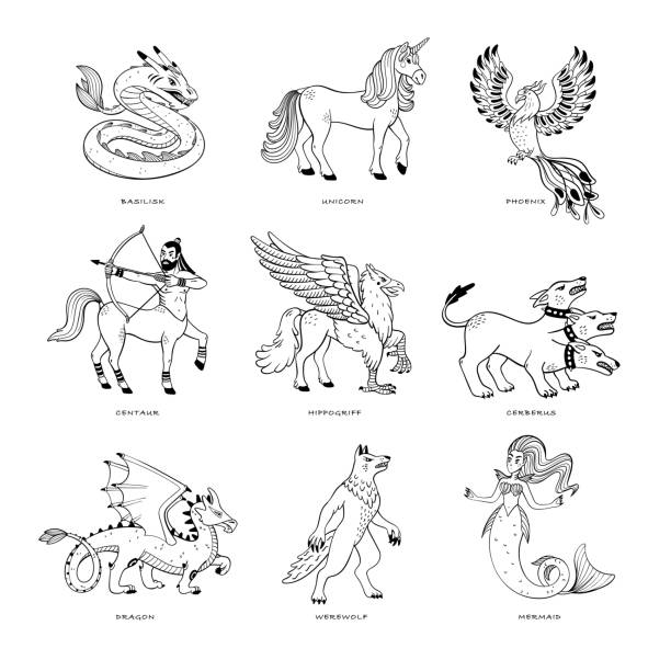 Magical creatures set mythological animals doodle style black and white vector illustration isolated on white background tattoo design or coloring page line art stock illustration