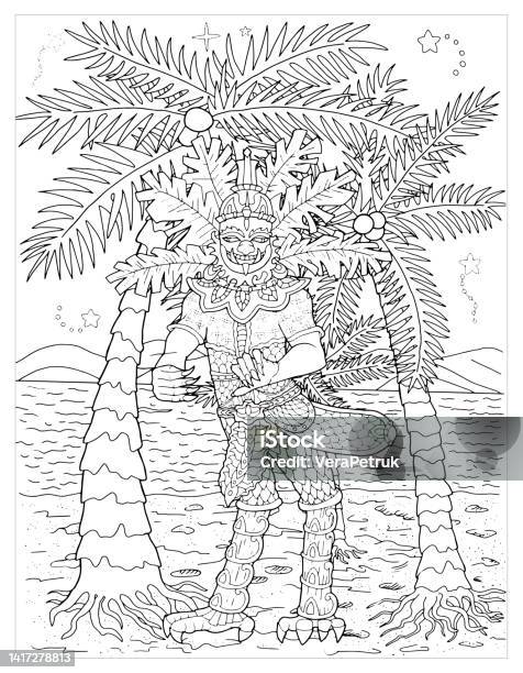 Coloring page illustration with thailand demons and mythology creatures against nature background stock illustration