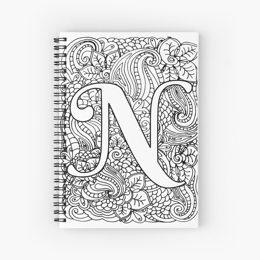 Adult coloring page monogram letter n spiral notebook for sale by mamasweetea