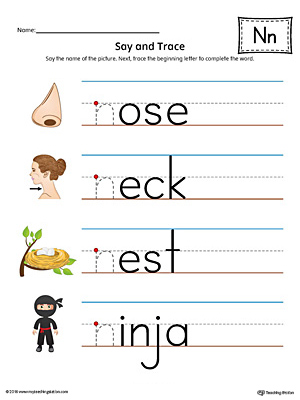 Say and trace letter n beginning sound words worksheet color