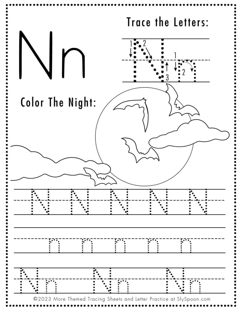 Free printable halloween themed letter n tracing worksheet