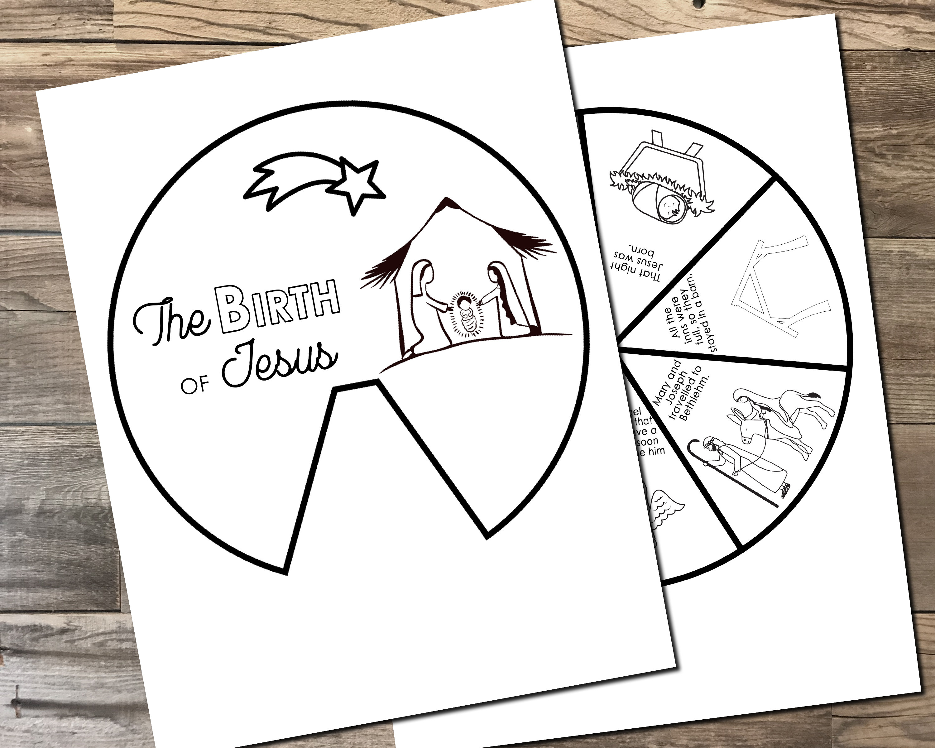 Birth of jesus coloring wheel printable nativity christmas activity watercolor kids bible lesson memory game sunday school