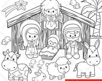 Nativity scene digital stamps christmas clipart line art graphics for create coloring pag workheets crafts more