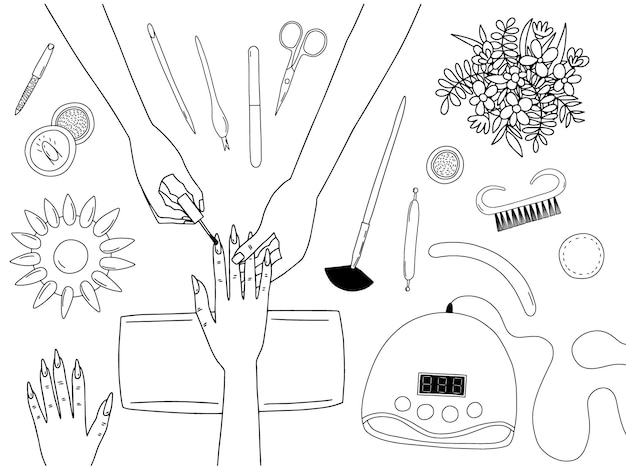 Premium vector vector manicure session coloring page illustration hand drawn manicure salon process top view vector illustration