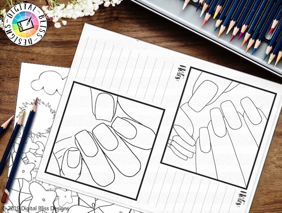 Printable coloring page nail art design practice worksheet manicure instant download