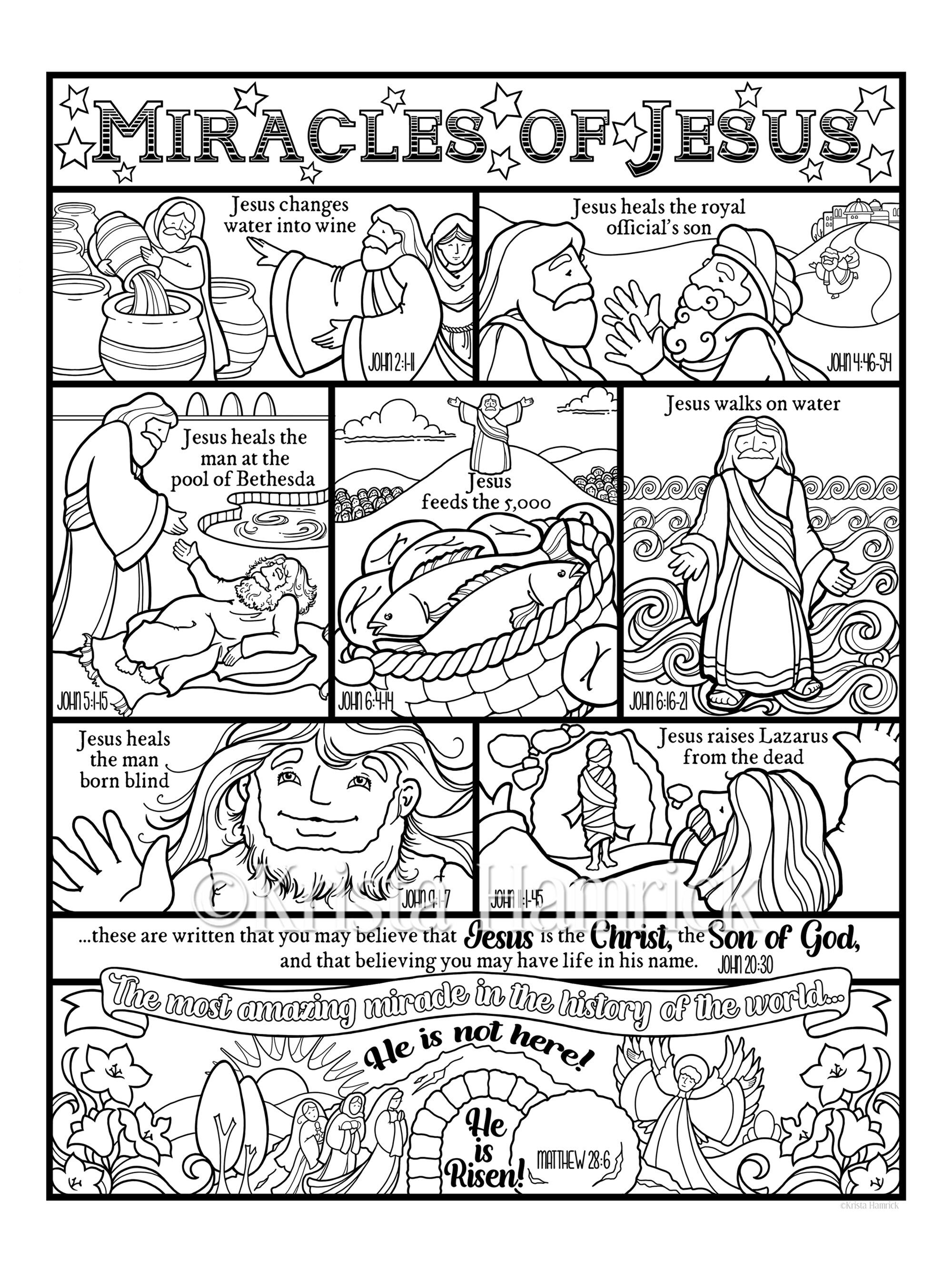 Miracles of jesus coloring page in three sizes x x suitable for framing x for bible journaling tip